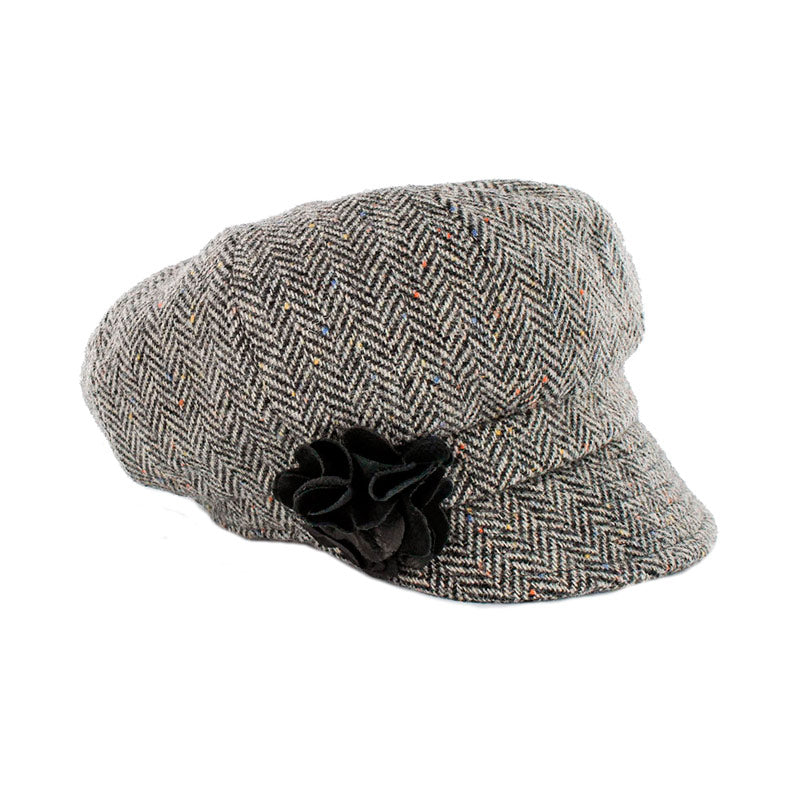 Ladies Tweed Newsboy Hat - Grey Herringbone