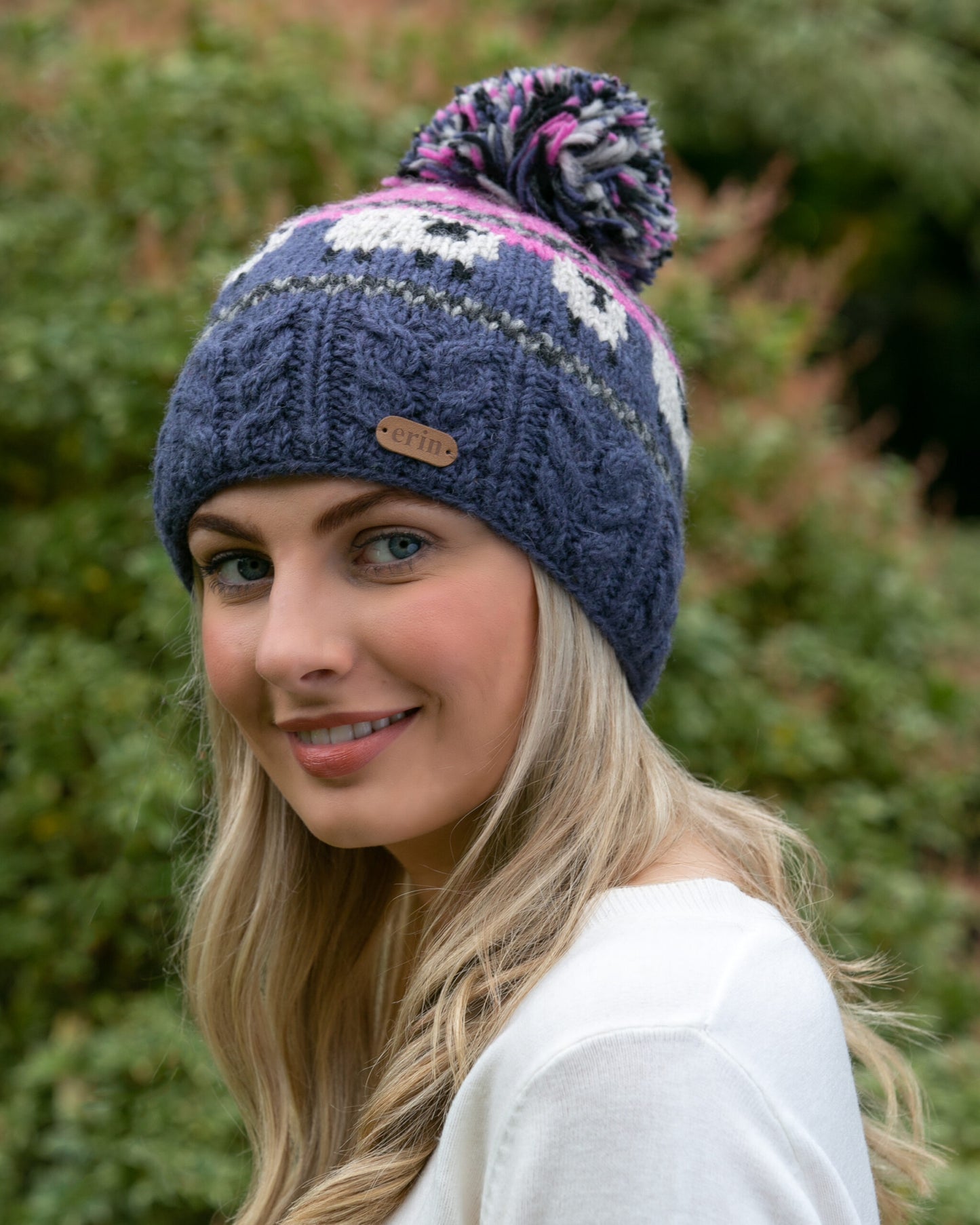 Sheep Bobble Hat w/ Cable Band - Blue & Pink