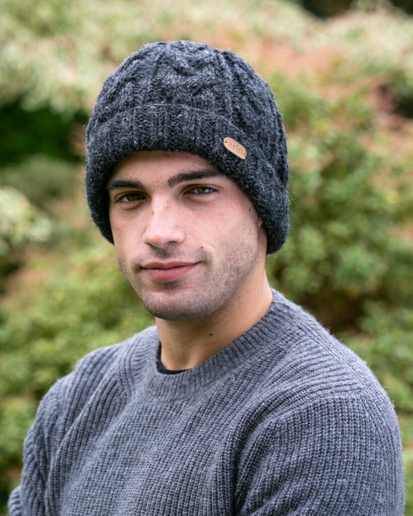 Aran Cable Turn Up Cap - Charcoal