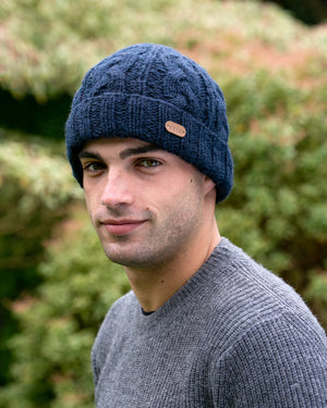 Aran Cable Turn Up Cap - Navy