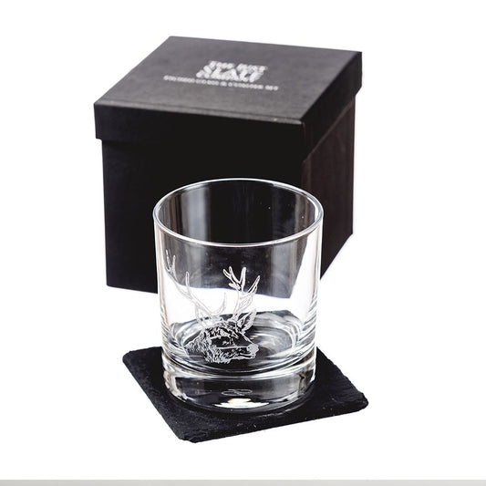 Stag Glass Tumbler w/ Slate Coaster Gift Set