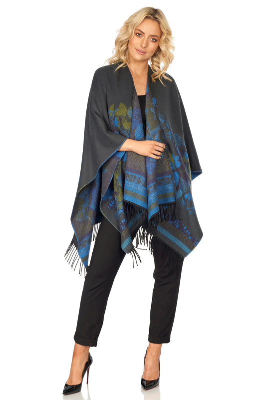 Celtic Fringe Shawl w/ Floral Motif - Grey & Blue