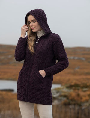 Galway Irish Cable Knit Hooded Coat - Damson