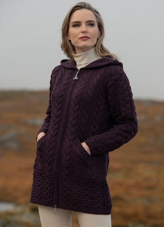 Galway Irish Cable Knit Hooded Coat - Damson