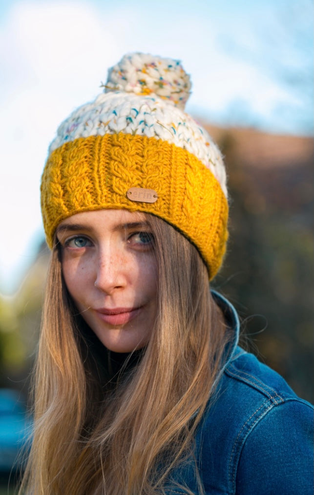 Uneven Wool Bobble Hat - Yellow