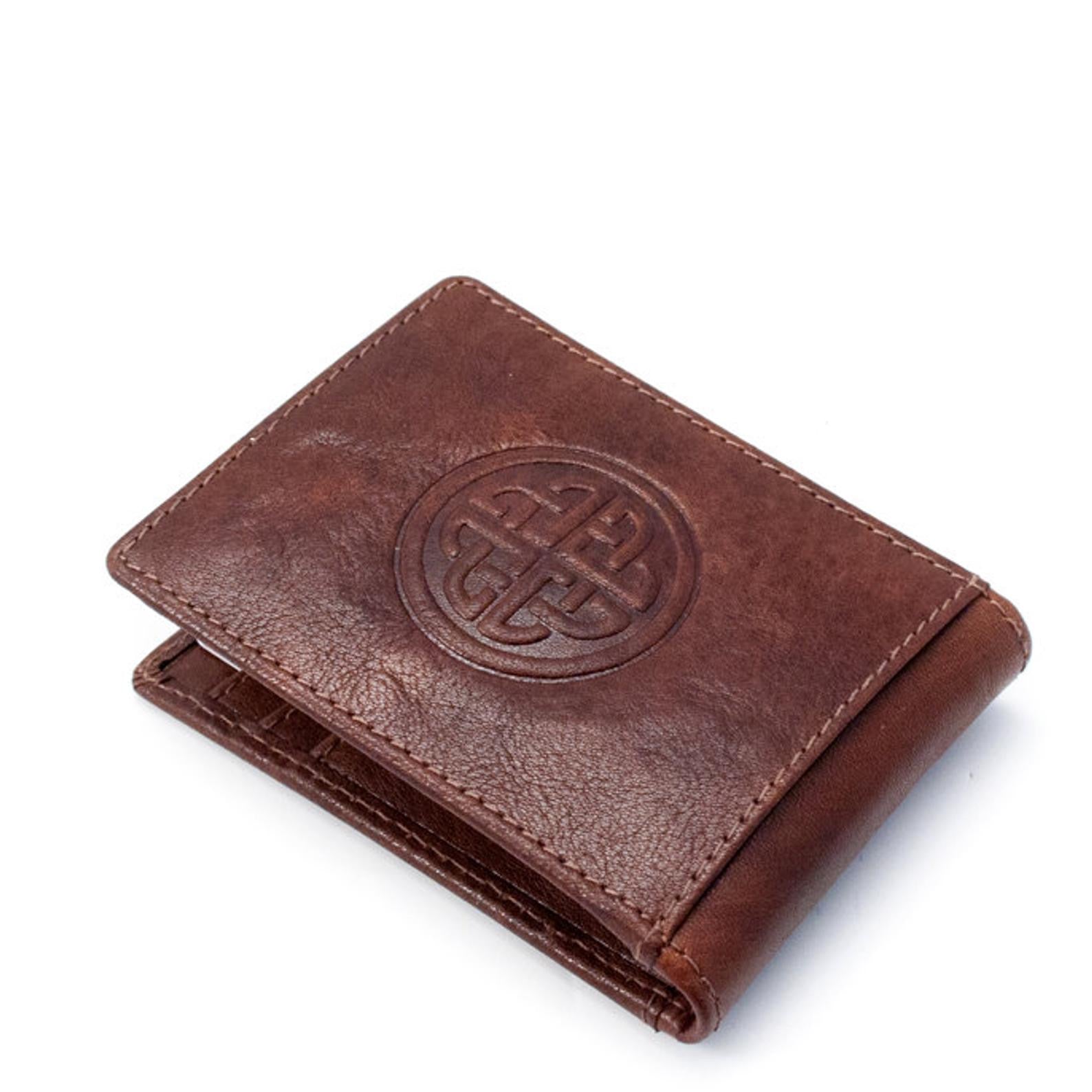 Leather Fergal Celtic knot  bi fold wallet With money clip tan Ireland 