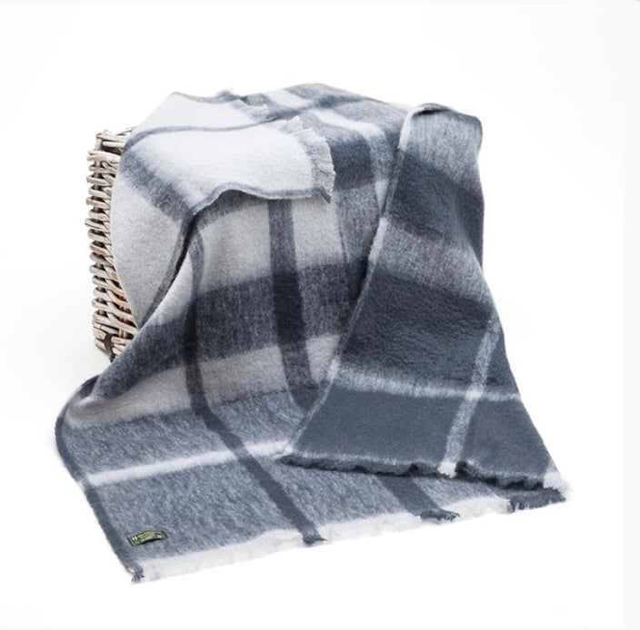 Mohair Throw - Pale Blue And Grey Slate Plaid