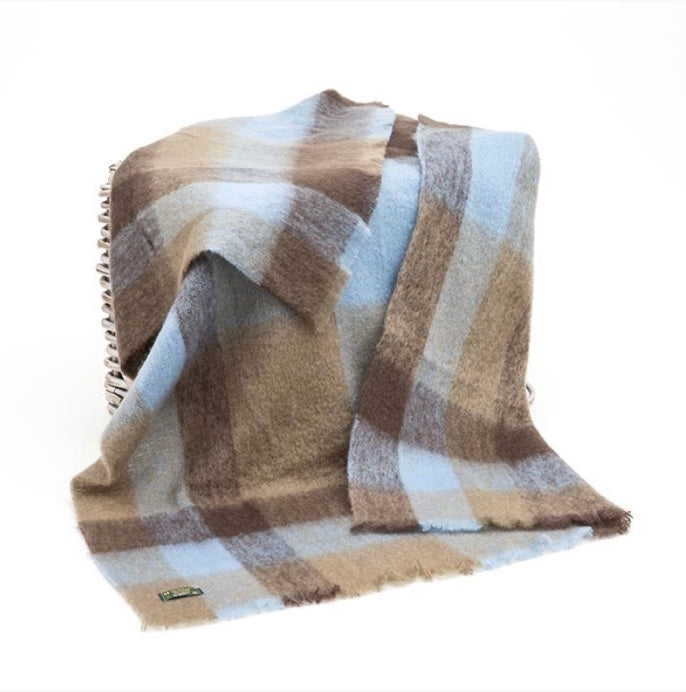 Mohair Throw - LM550 Taupe, Sky Blue And Brown Check