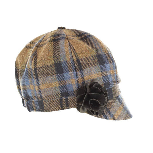 Ladies Tweed Newsboy Hat - Brown, Blue & Black Plaid