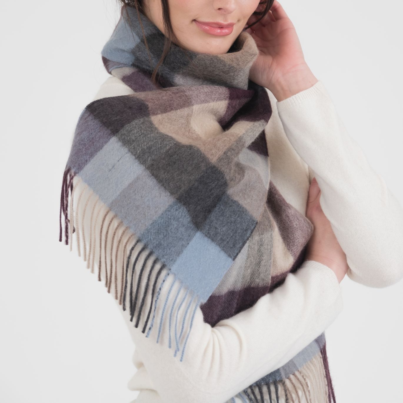 100% Cashmere Scarf - Teal 5 Square Check