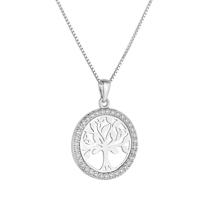 S47014 Sterling Silver CZ Tree of Life Round Pendant