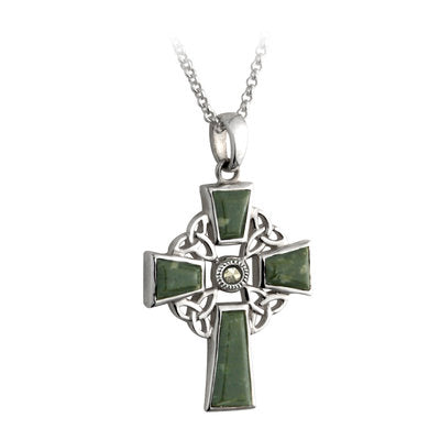 S44037 Sterling Silver Connemara Marble Celtic Cross w/ Trinity Knots Pendant