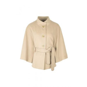 A beige cropped cape jacket with a stand collar, three gold buttons, and a matching fabric tie belt at the waist, shown against a plain white background.