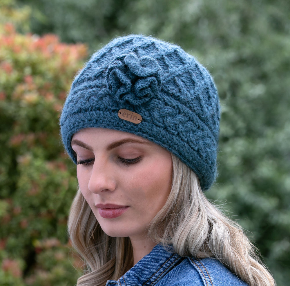 Aran Trellis Hat w/ Flower Pin - Denim Blue