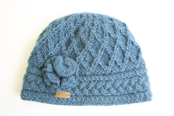Aran Trellis Hat w/ Flower Pin - Denim Blue