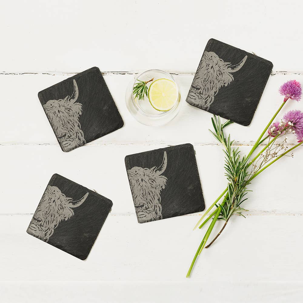 4 Highland Cow Slate Coasters