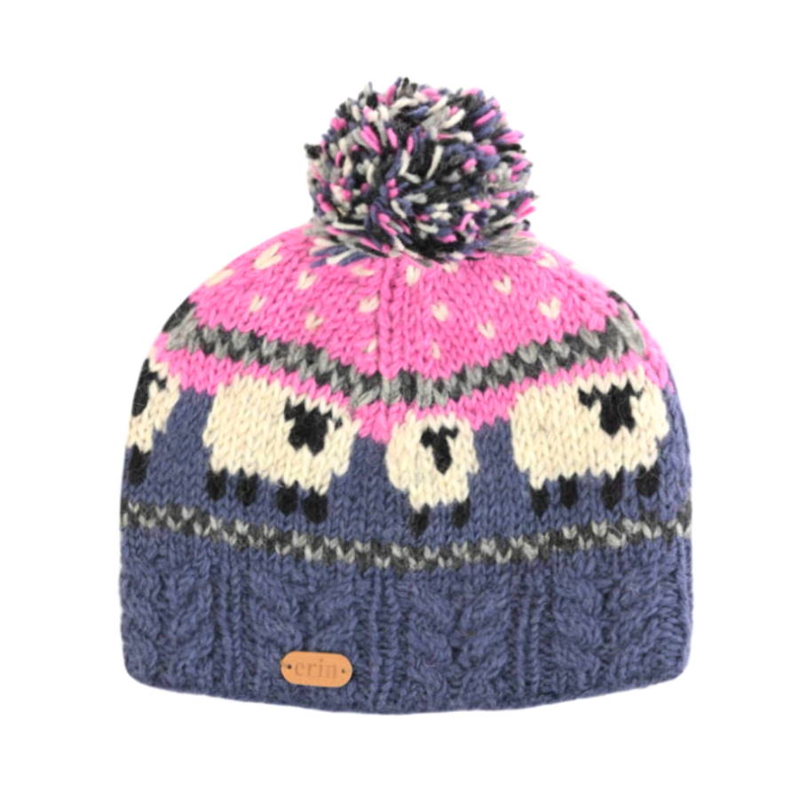 Sheep Bobble Hat w/ Cable Band - Blue & Pink