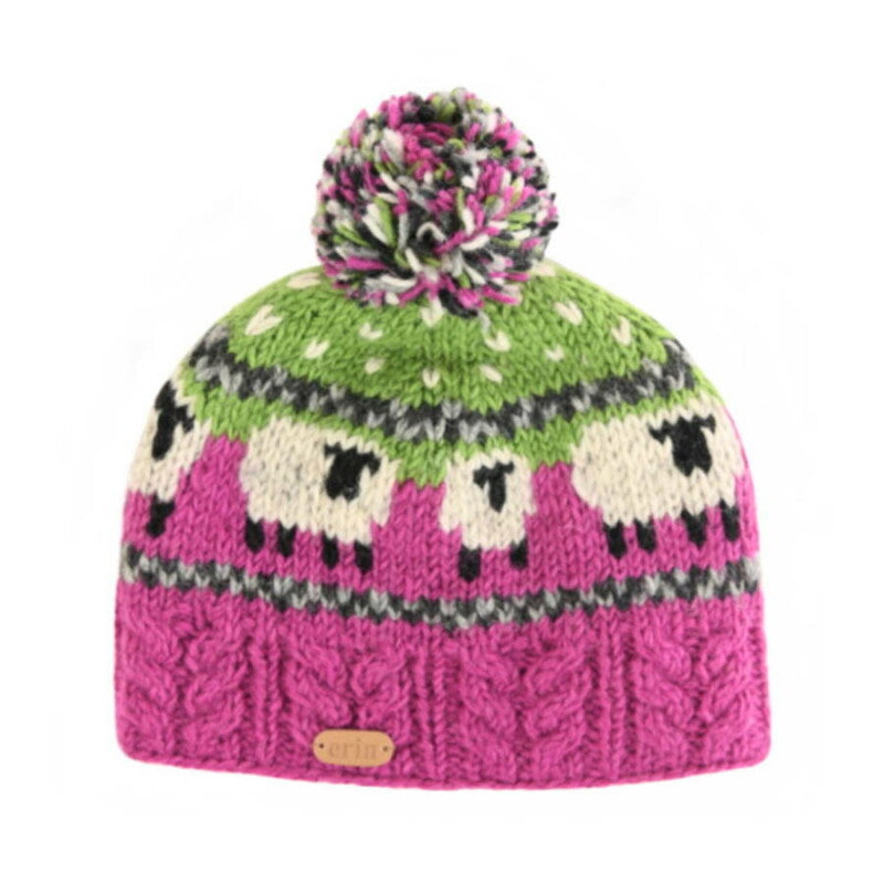 Sheep Bobble Hat w/ Cable Band - Pink & Green
