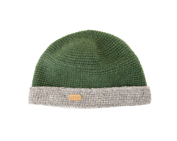 Crochet Turn Up Hat - Green w/ Oatmeal