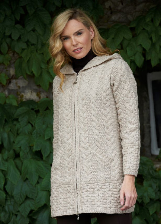 Galway Irish Cable Knit Hooded Coat - Parsnip