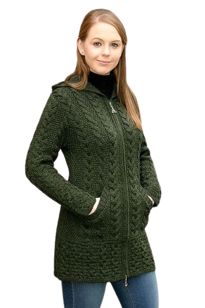 Galway Irish Cable Knit Hooded Coat - Green