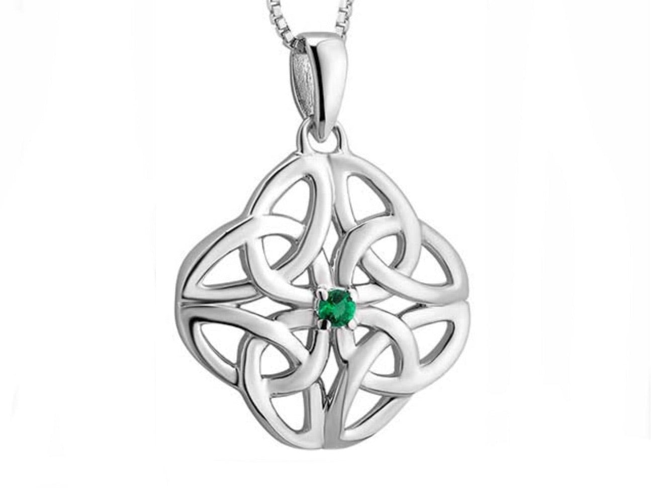 S46607 Four Trinity Knot w/ Green Crystal Pendant