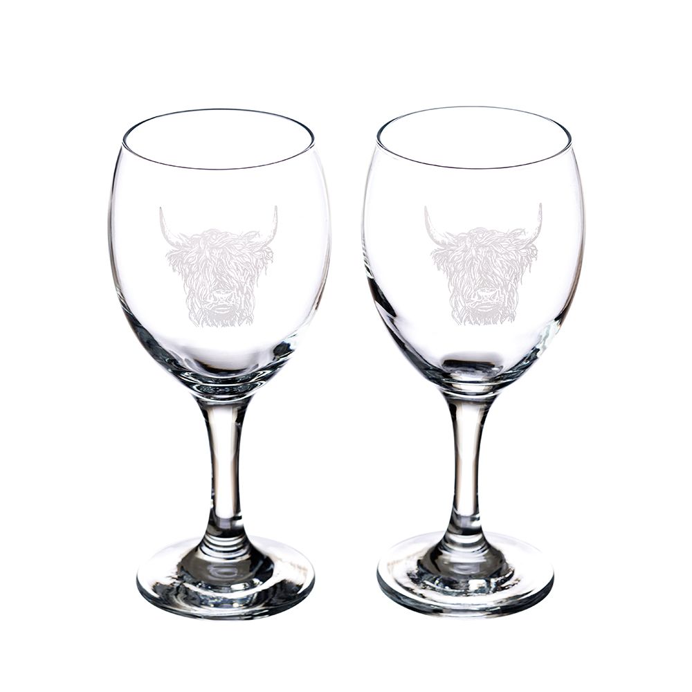 Highland Cow Engraved Style Wine/Water Glasses - Set of 2
