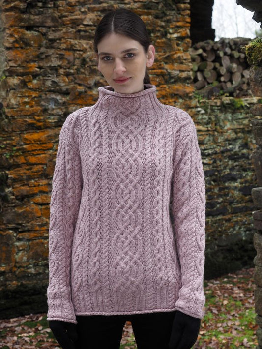 Kylemore Super Soft Aran Roll Neck Sweater - Dusty Pink