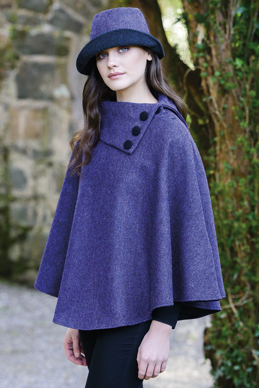 Irish Tweed Poncho - Purple Herringbone