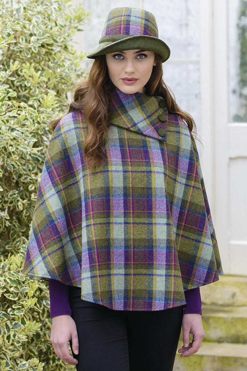 Irish Tweed Poncho - Purple/Green Plaid