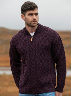 Donegal Half Zip Aran Merino Sweater - Damson